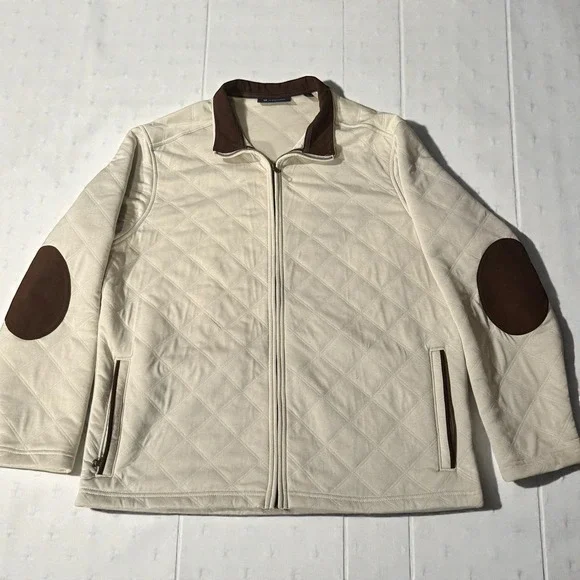 Cremieux Mens XL Quilted Jacket Cream Brown Elbow Patch Full Zip Excellent - Picture 1 of 9